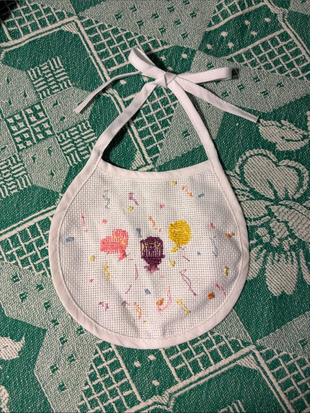 Vintage White Baby Bib with Yellow, Purple & Pink Balloon Embroidery